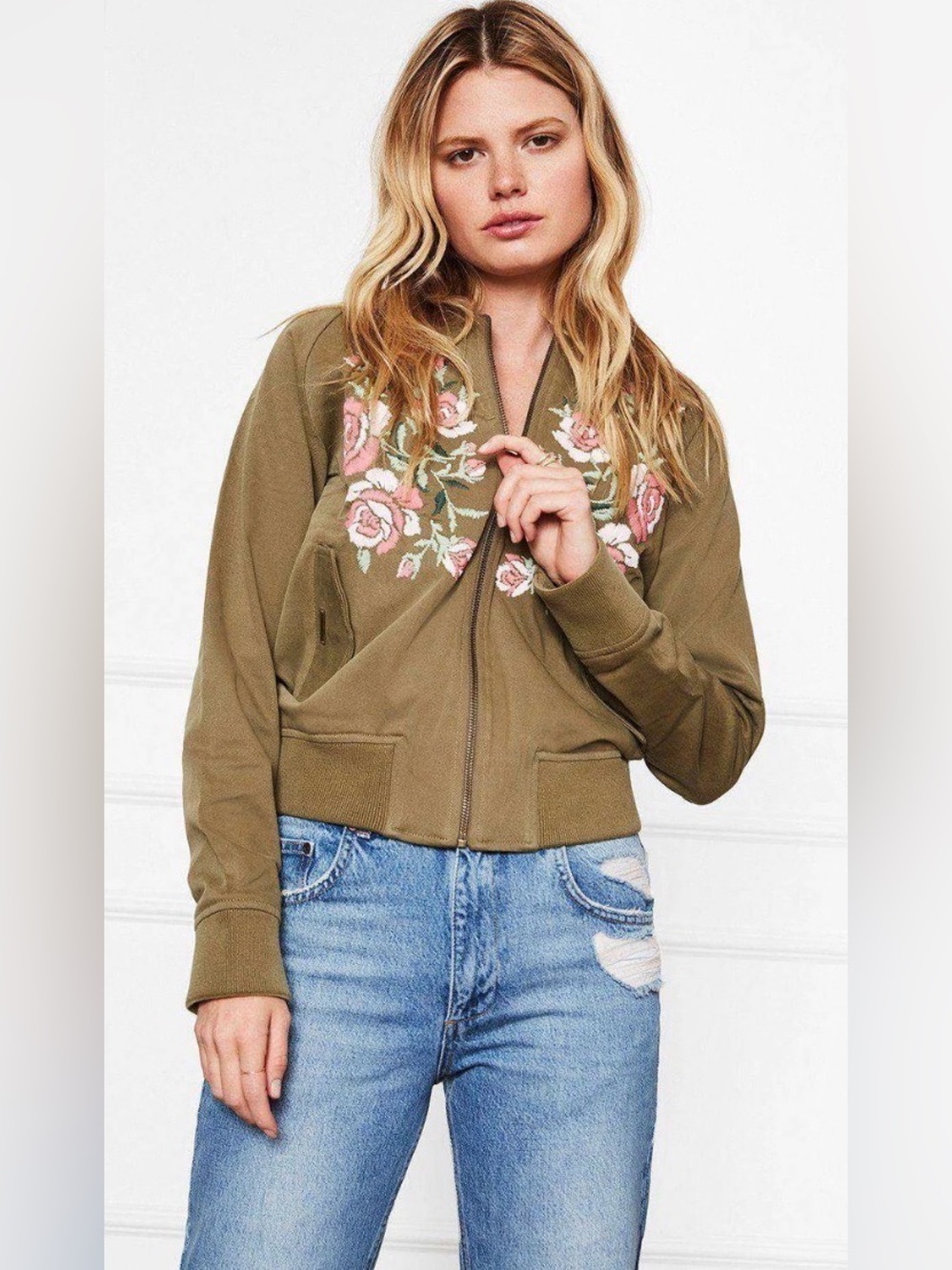 Anine Bing 100% Cotton Embroidered Khaki Green Bomber Jacket Size Small Boho
